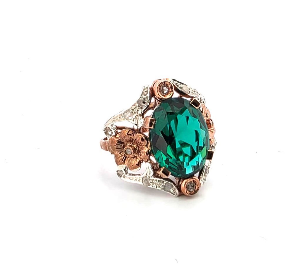 Ohne mindestpreis - Ring - 9 Kt Roségold, Silber Smaragd - Diamant #1.0