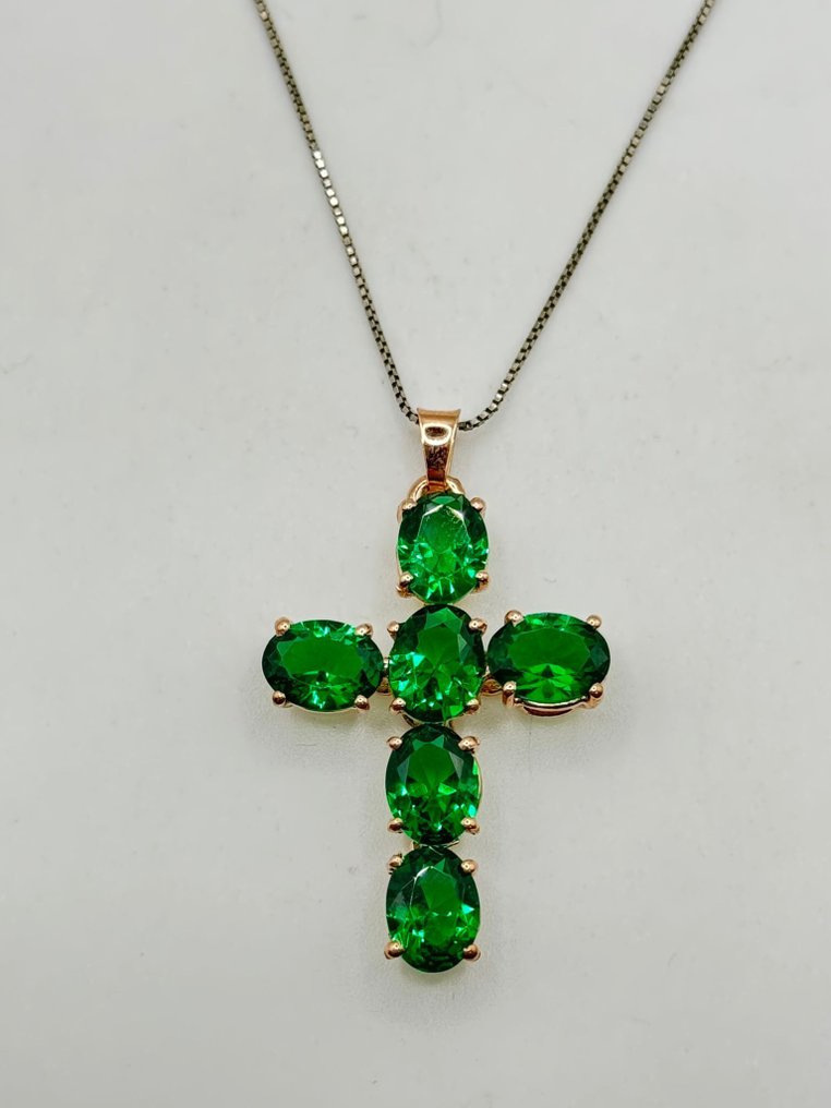 没有保留价 - 吊坠项链 - 9 kt. 银, 玫瑰金 - 7.80ct. tw. 祖母绿 #1.0