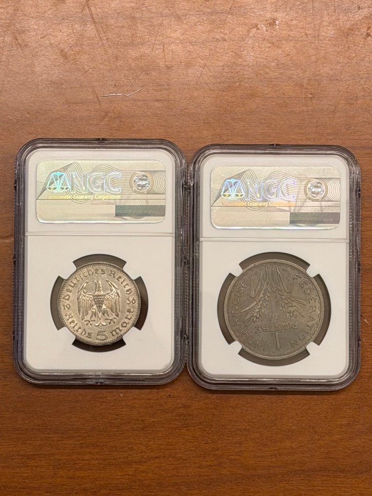 Niemcy, Indochiny francuskie. Lot of 2 coins, incl. silver 5 Reichsmark 1936 and 1 Piastre 1947 / AU & UNC Details  (Bez ceny minimalnej
) #2.1