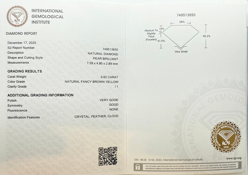 没有保留价 - 1 pcs 钻石 (天然色彩的) - 0.62 ct - 梨形 - Fancy 棕色, 黄色 - I1 内含一级 - 国际宝石研究院(IGI) #2.1