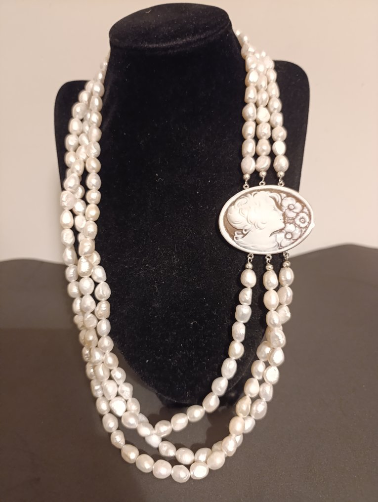 没有保留价 - 项链 银, 天然珍珠，天然Sardonica浮雕 - 珍珠 #1.0