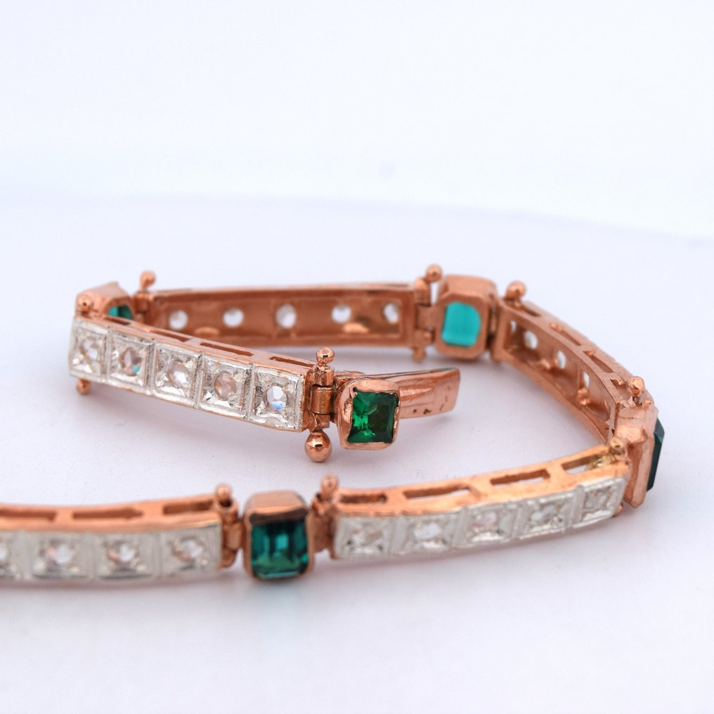 χωρίς τιμή ασφαλείας - Βραχιόλι - 9 kt. Ροζ χρυσό -  5.10ct. tw. Σμαράγδι - Διαμάντι - STILE ART DEC0' #3.2