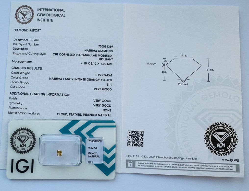 没有保留价 - 1 pcs 钻石  (天然色彩的)  - 0.22 ct - 雷地恩型 - Fancy intense 似橙色 黄色 - SI1 微内含一级 - 国际宝石研究院（IGI） - 无VG #2.1