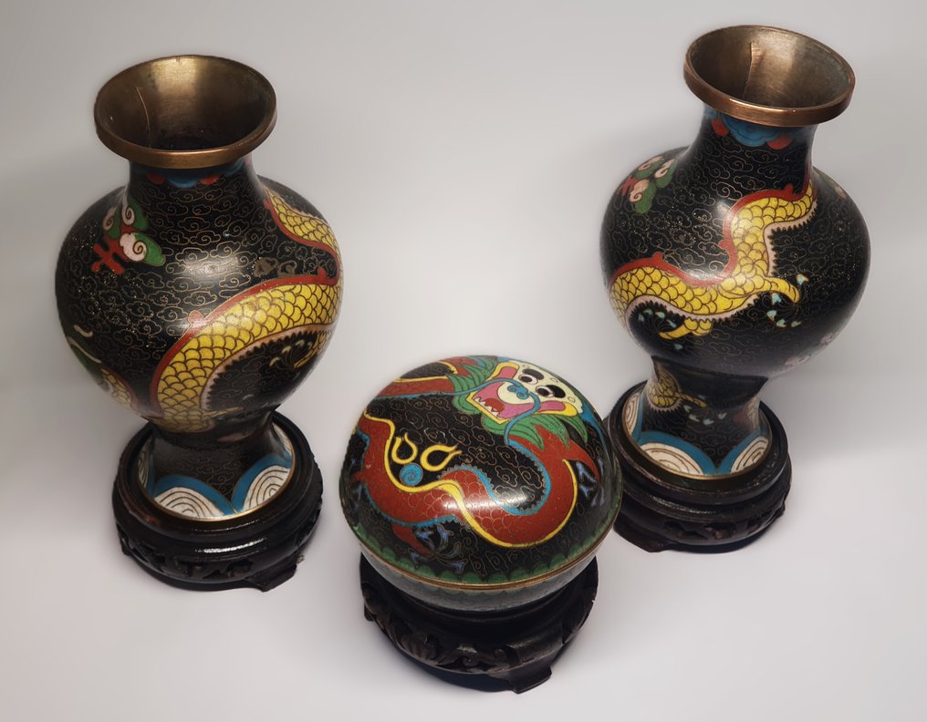 Vaso - Ottone smaltato - Cina - Ensemble Dragons  (Senza prezzo di riserva) #2.1