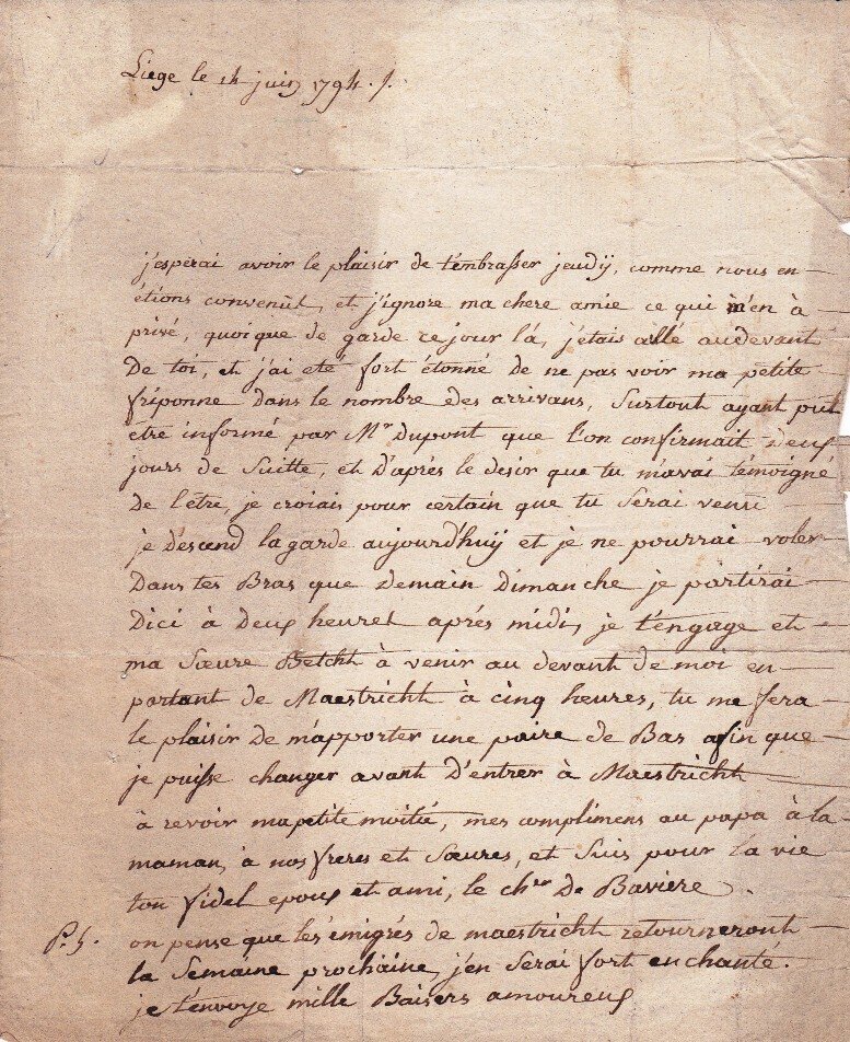 [Révolution Liégeoise] Lettre autographe d'un émigré, Chevalier français - avant la bataille de Fleurus - 1794 #2.1