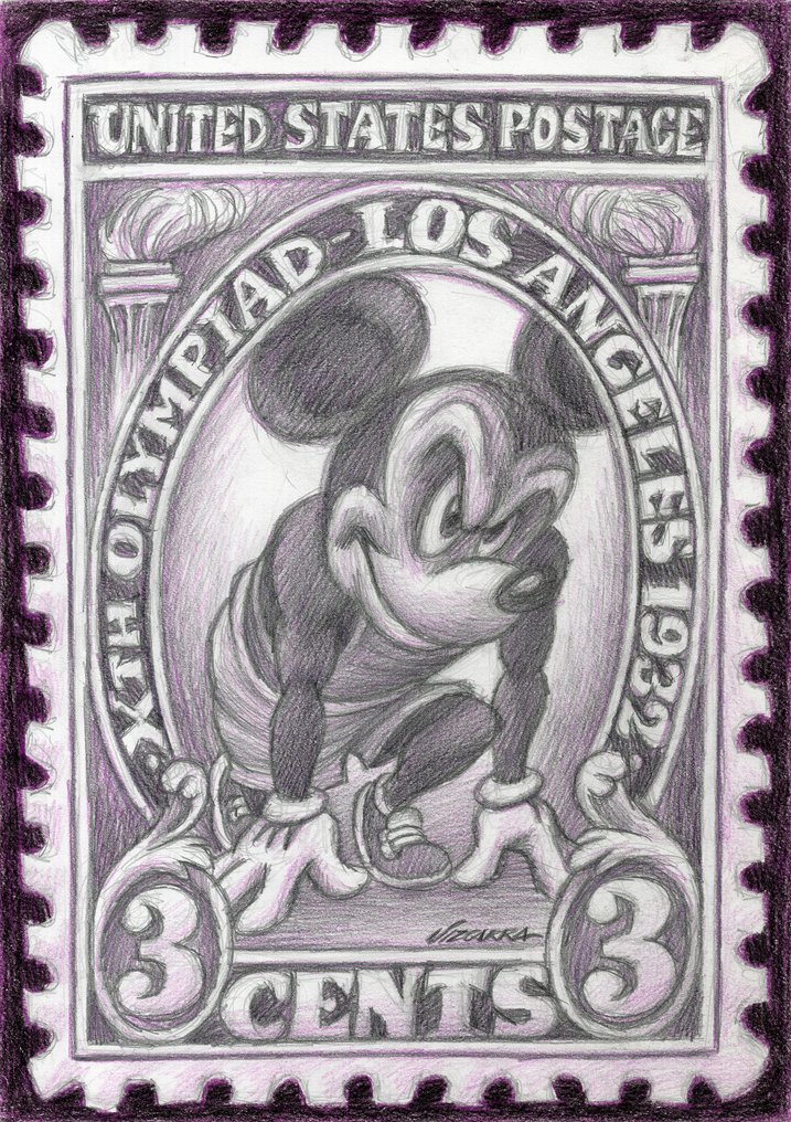 Joan Vizcarra - Alkuperäinen lyijykynä - Mickey Mouse “Olympiad 1932” Vintage Stamp – Hand Signed #1.0