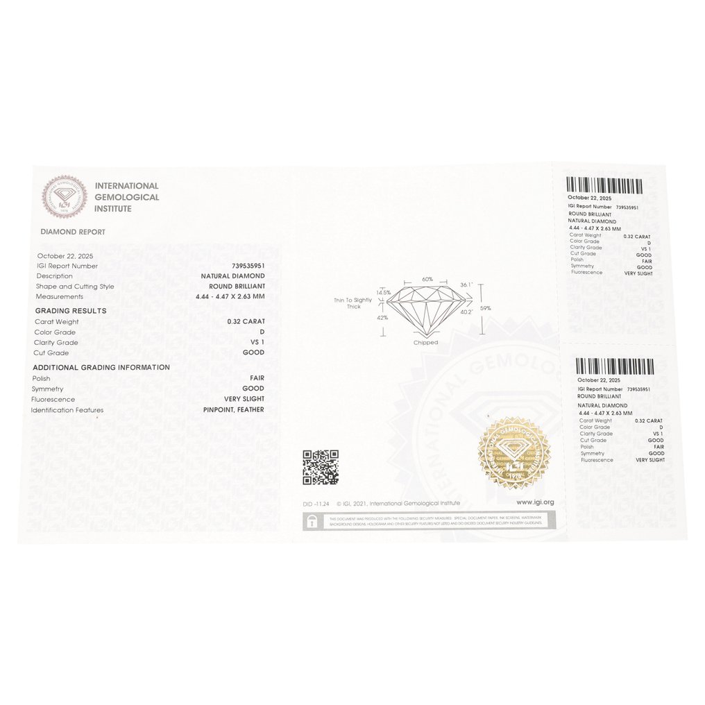 没有保留价 - 1 pcs 钻石  (天然)  - 0.32 ct - 圆形 - D (无色) - VS1 轻微内含一级 - 国际宝石研究院（IGI） #3.2