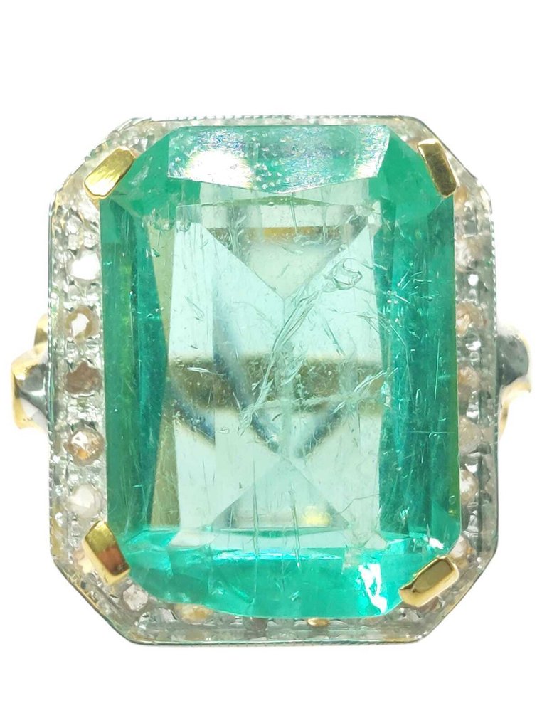 Ingen mindstepris - Ring - 9 kt. Sølv, Gulguld Smaragd - Diamant #1.0