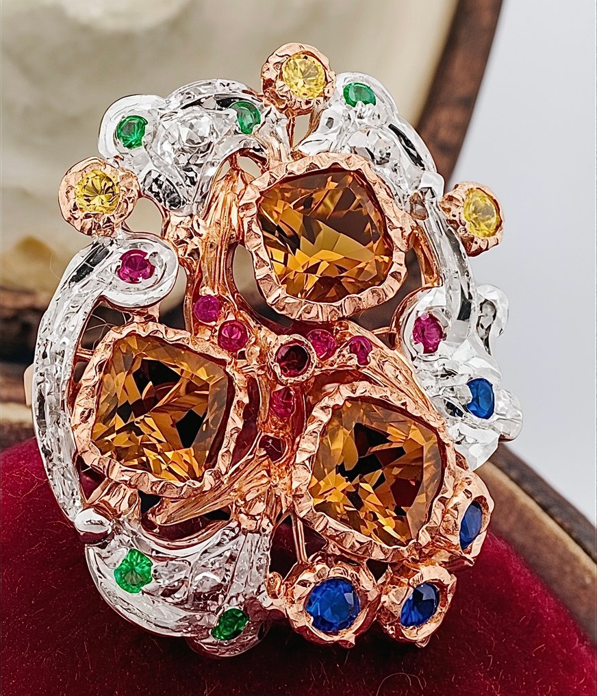 没有保留价 - 戒指 - 9 kt. 玫瑰金, 银 黄水晶 - 蓝宝石 #3.2