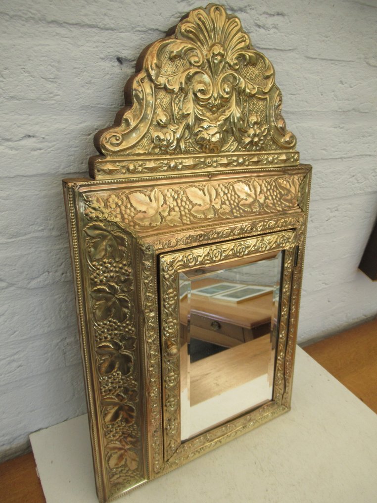 镜子  - 木, 铜 - Hal spiegel 带着两个棒子。 #2.1