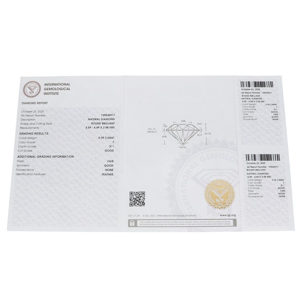 没有保留价 - 1 pcs 钻石  (天然)  - 0.39 ct - 圆形 - F - SI1 微内含一级 - 国际宝石研究院（IGI） #3.2