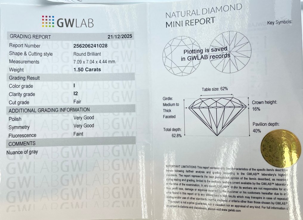 χωρίς τιμή ασφαλείας - 1 pcs Διαμάντι  (Φυσικό)  - 1.50 ct - Στρογγυλό - I - I2 - Gemewizard Gemological Laboratory (GWLab) #2.1