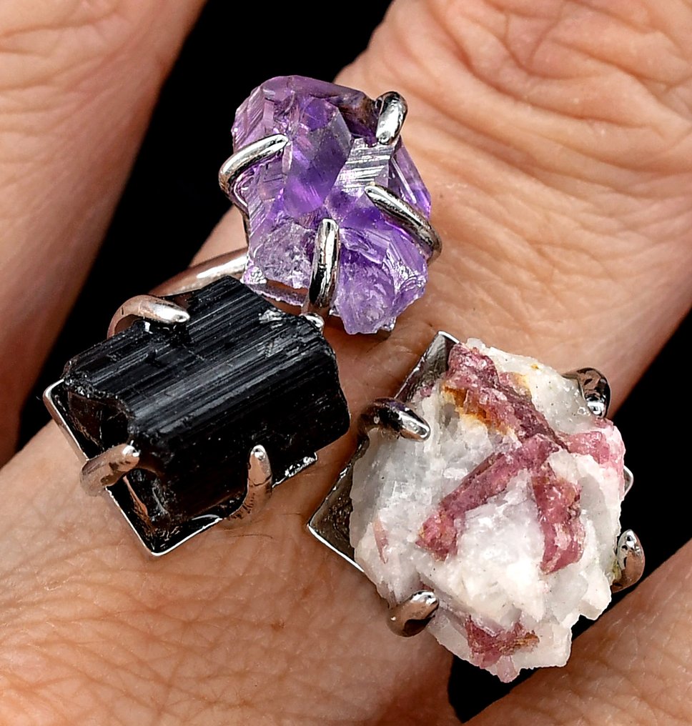 美丽的天然粗糙黑色电气石、紫水晶和粉色电气石 不锈钢戒指 - 高度: 11 mm - 宽度: 10 mm- 8 g #1.0