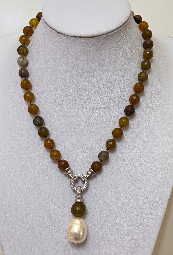 Ágata“龙脉” (10毫米) 和母珠珍珠 (22 x 18) / 高品质 - 吊坠项链 - 具有独家封闭 #1.0