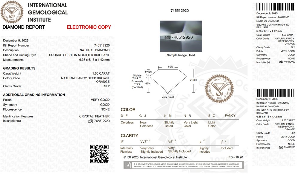 Ingen mindstepris - 1 pcs Diamant  (Naturfarvet)  - 1.50 ct - Pude - Fancy deep Brun Orange - SI2 - International Gemological Institute (IGI) #2.1