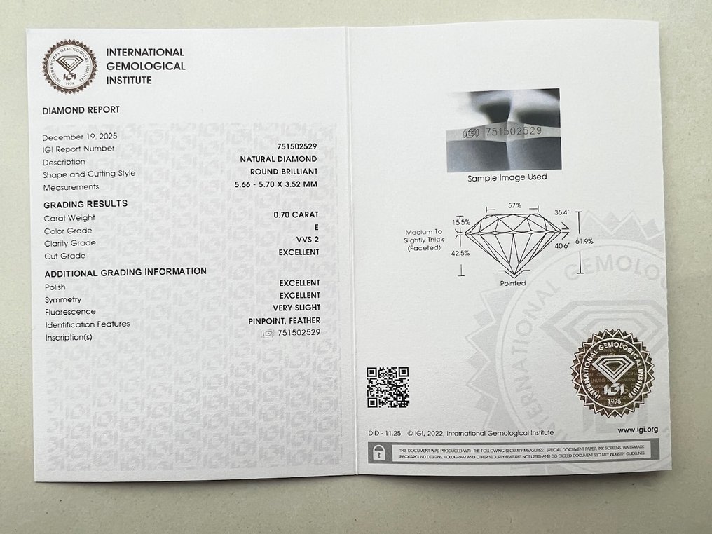 1 pcs Diamante  (Naturale)  - 0.70 ct - Rotondo - E - VVS2 - International Gemological Institute (IGI) #3.2