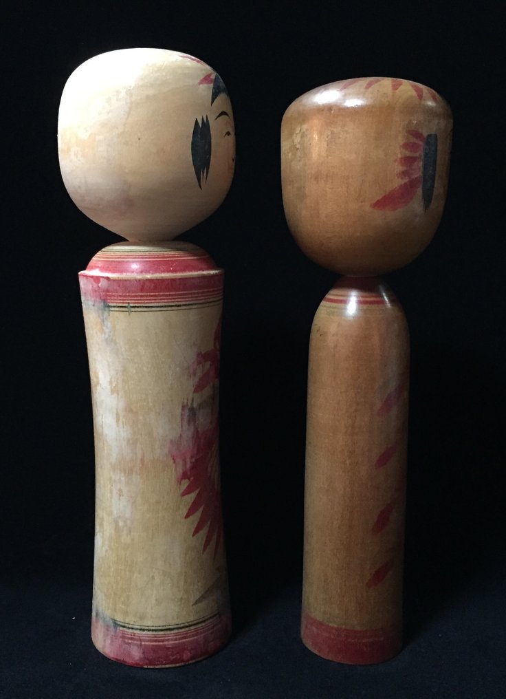 一套两件日本复古木制小木偶（高：23-24厘米） - 木 - Signed Ishiyama Sanshiro - 日本 - 昭和年代(1926-1989) #4.3