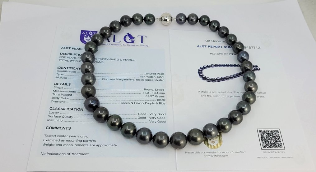 项链 ALGT 认证的大溪地珍珠 - 11.0x13.4毫米, 银 #2.1