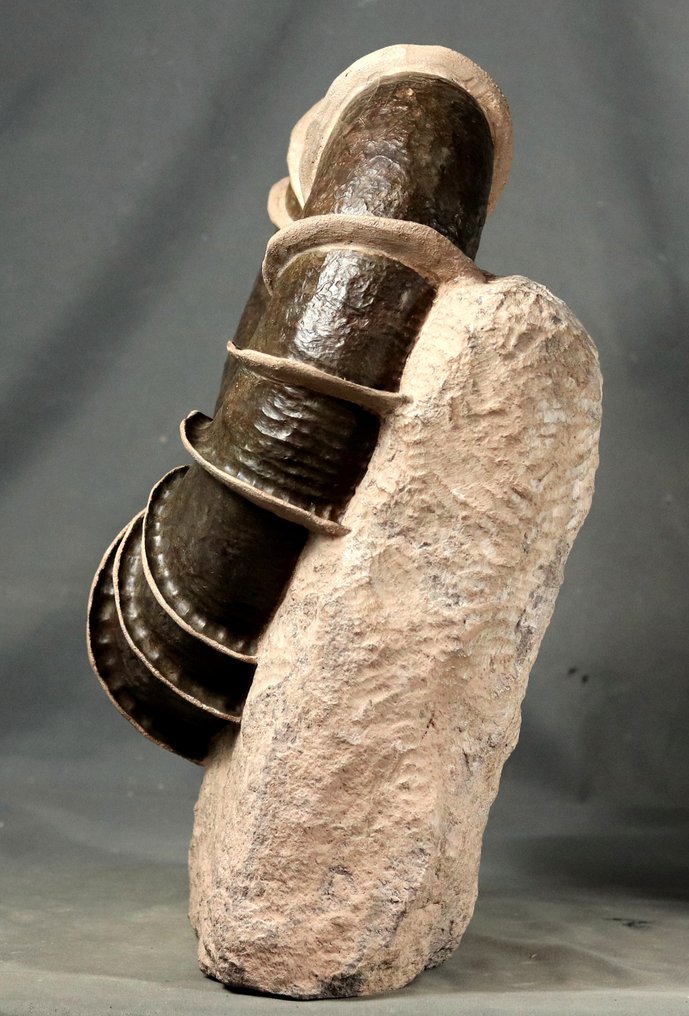 精美的菊石，拥有宏伟的“翅膀”包裹壳体，支撑在自立的石头上。 - 動物化石 - Lytoceras cornucopiae (32 cm !!! ) - 40 cm - 28 cm #4.3