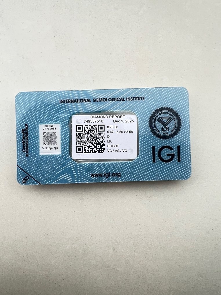 没有保留价 - 1 pcs 钻石 (天然) - 0.70 ct - 圆形 - D (无色) - IF - 国际宝石研究院(IGI) #2.1