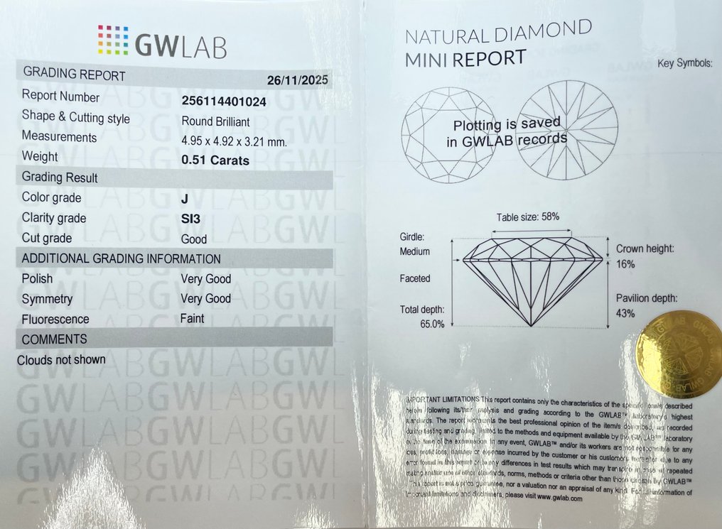 No reserve price - 1 pcs Diamond  (Natural)  - 0.51 ct - Round - J - SI3 - Gemewizard Gemological Laboratory (GWLab) #2.1