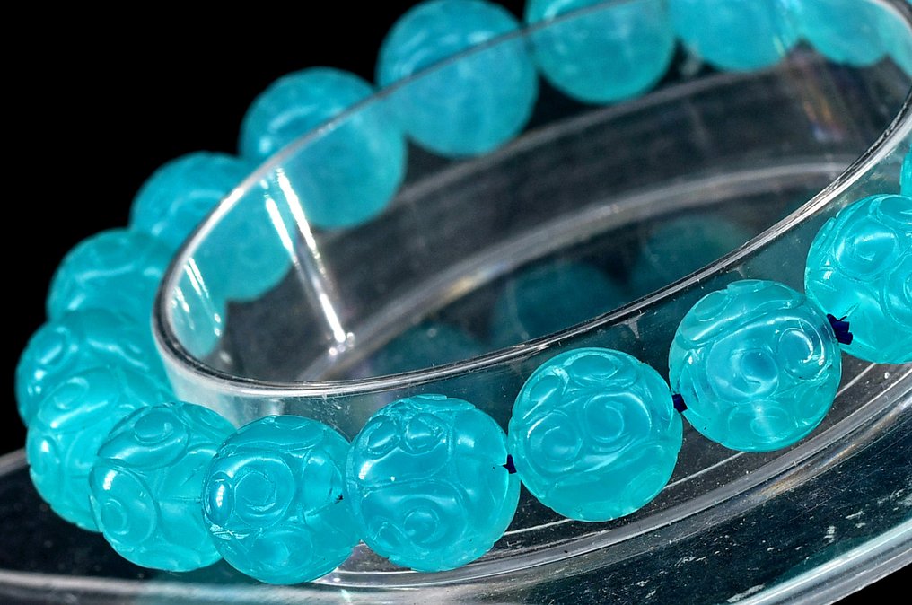 Χαραγμένο φυσικό Amazonite πρώτης ποιότητας. ελαστικό βραχιόλι - Ύψος: 11 mm - Πλάτος: 11 mm- 27 g #2.1