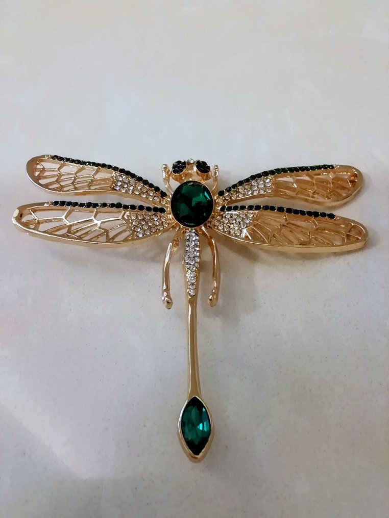 Broșă enormă cu libelulă, metal, placată cu aur, vintage - Broșă - 9,5 lățime, 8 cm înălțime #3.2