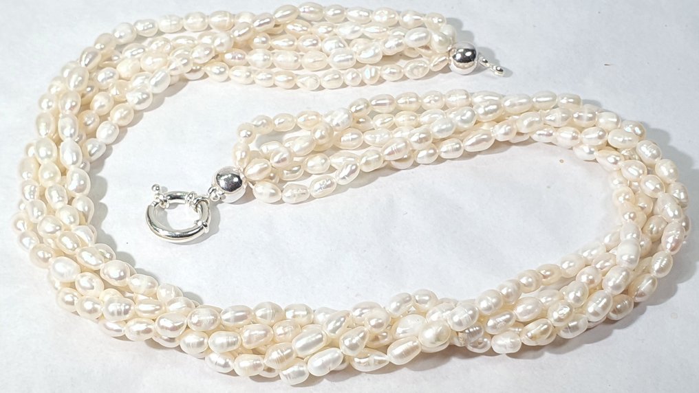 淡水天然珍珠 - 5圈 - 平静与安宁 - 925纯银 - 高品质 - 项链 #1.0