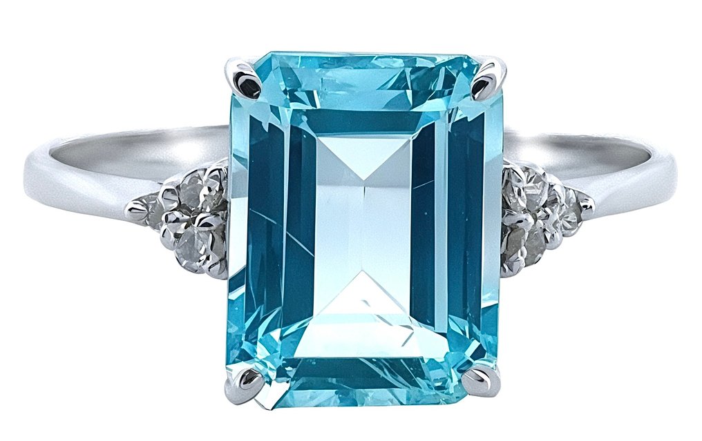 Utan reservationspris - Ring - 18 kt Vittguld Akvamarin - Diamant #1.0