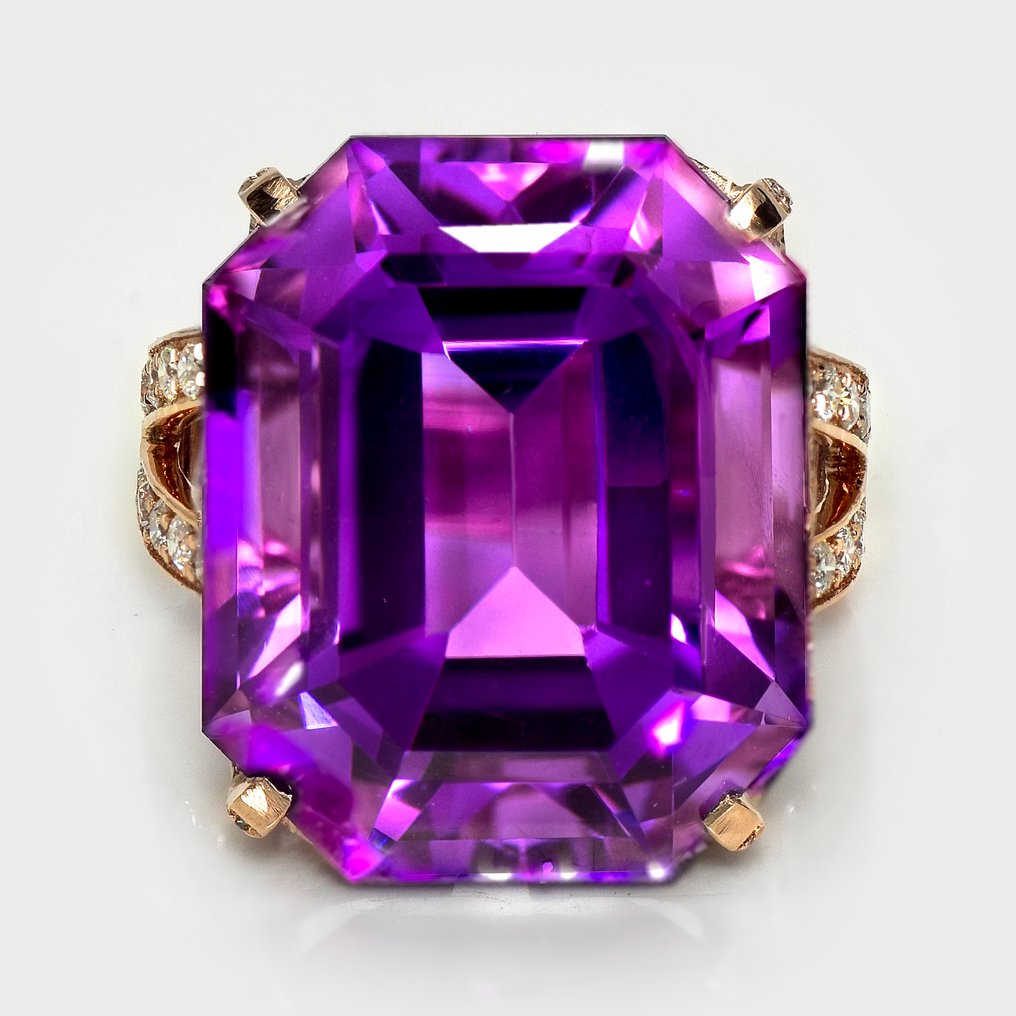 没有保留价 - 戒指 - 14K包金 HRD 23.00 克拉 强烈紫色, 玫瑰金 -  24.37ct. tw. 紫水晶 - 钻石 #1.0