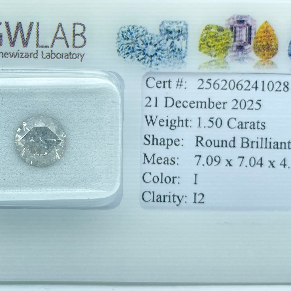 χωρίς τιμή ασφαλείας - 1 pcs Διαμάντι  (Φυσικό)  - 1.50 ct - Στρογγυλό - I - I2 - Gemewizard Gemological Laboratory (GWLab) #1.0