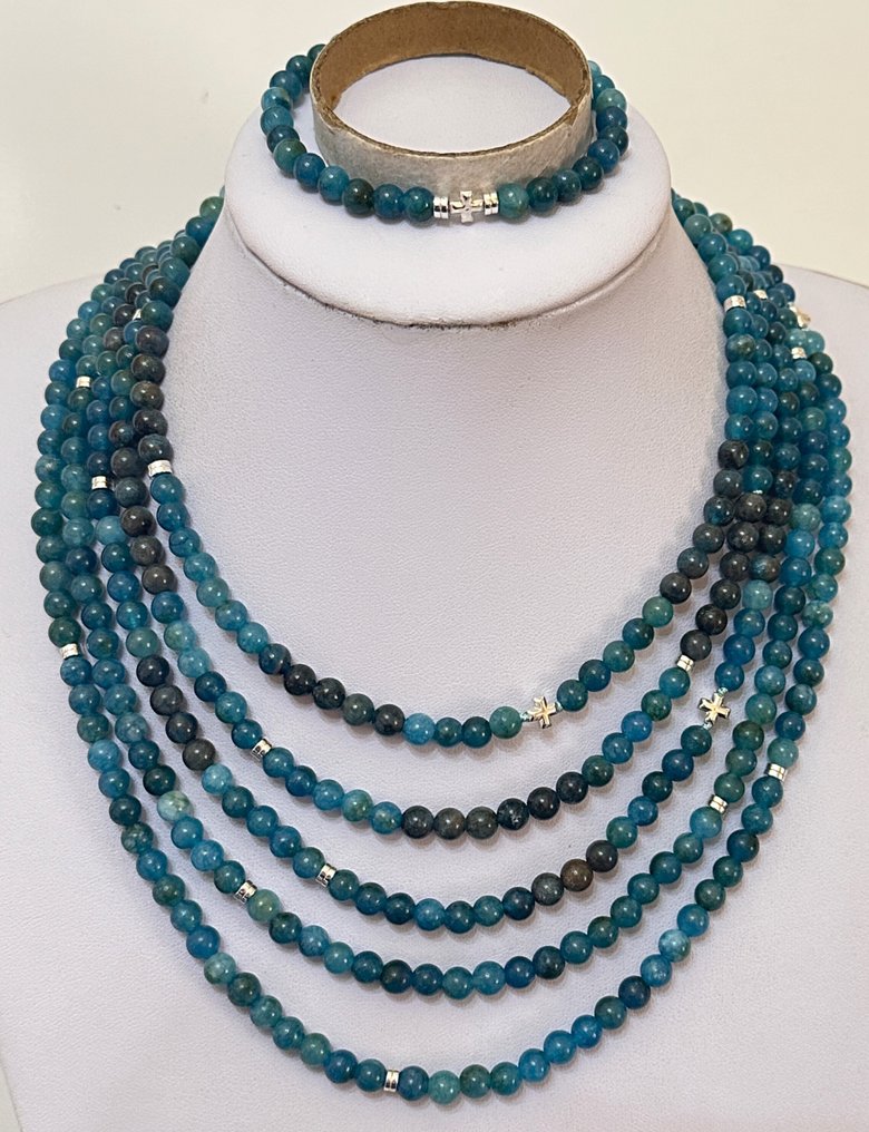 巴西的天然阿帕蒂托,配有方形血铁矿十字架。保护所有圣人。 - 2件套珠宝 - Con cierra de Plata 925 #2.1