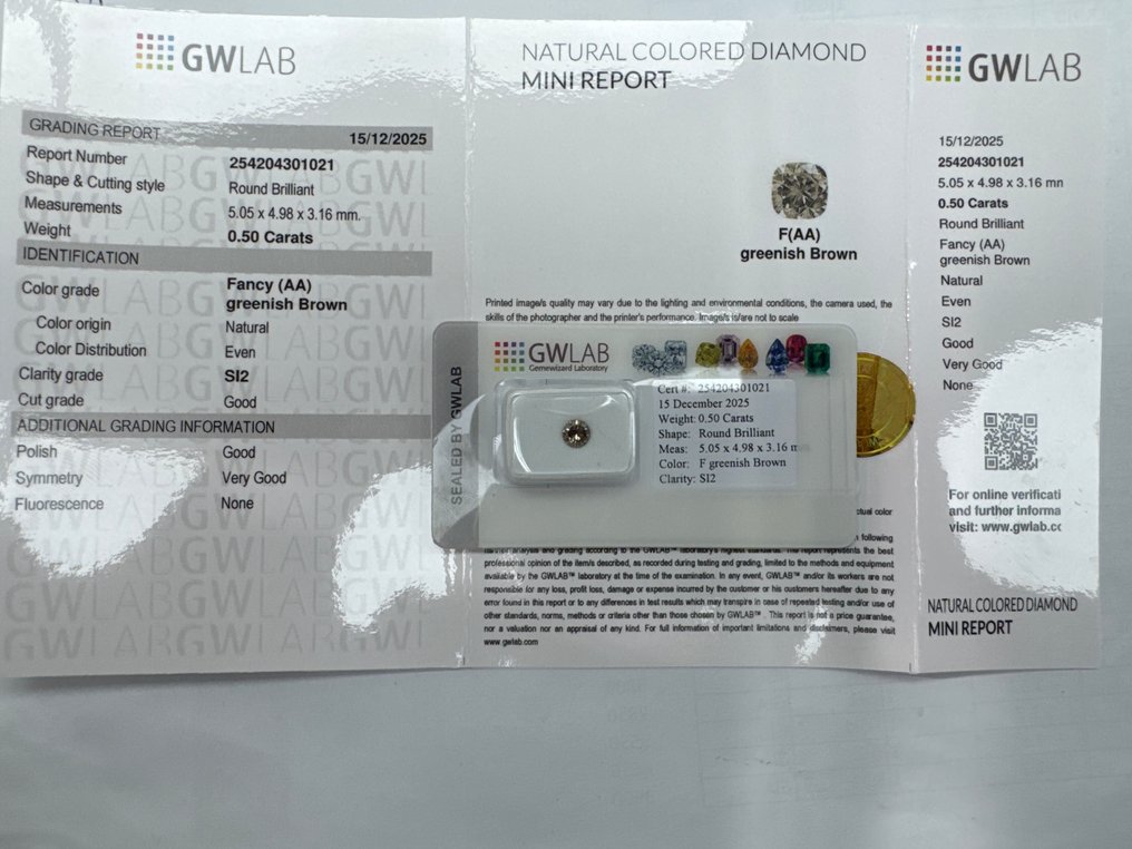 没有保留价 - 1 pcs 钻石  (天然色彩的)  - 0.50 ct - 圆形 - Fancy 稍帶綠色的, 棕色 - SI2 微内含二级 - Gemewizard宝石实验室（GWLab） #1.0