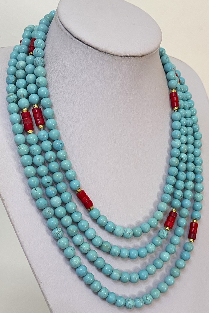 太平洋海域的稳定绿松石和红珊瑚 / 高品质 - 项链 - Con cierra de Plata 925 #4.3