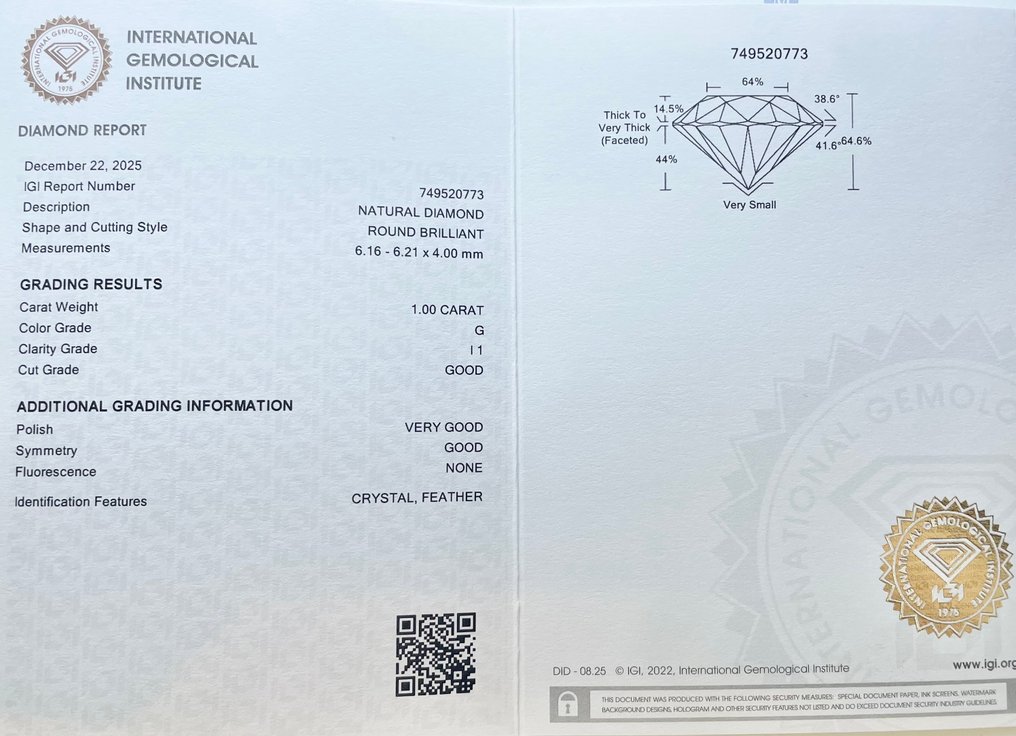 没有保留价 - 1 pcs 钻石 (天然) - 1.00 ct - 圆形 - G - I1 内含一级 - 国际宝石研究院(IGI) #2.1