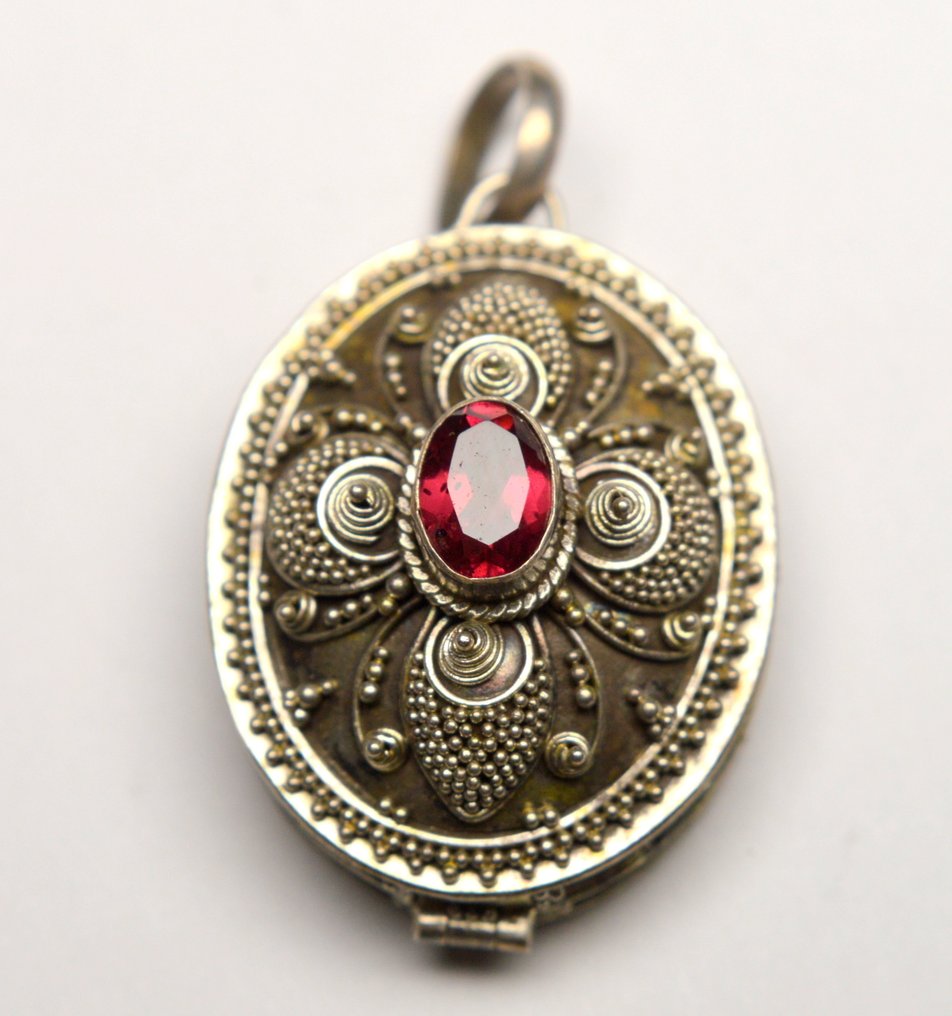 没有保留价 - 吊坠 800银 红宝石 - Filigree 项链盒 #1.0