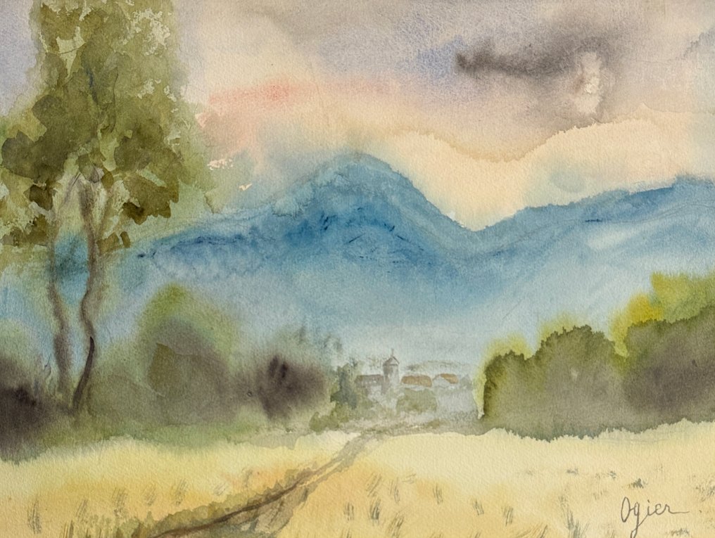 Marie Louise Ogier ( 1912-2003 ) - Paysage aux montagnes bleutées - aquarelle encadrée #2.1