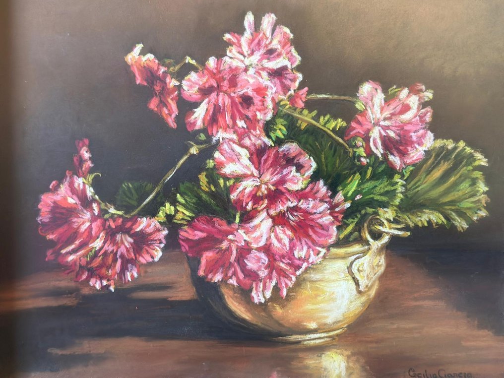 Spanische Schule (XX) - Jarrón de geranios rosas #1.0