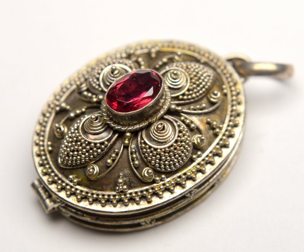 没有保留价 - 吊坠 800银 红宝石 - Filigree 项链盒 #2.1