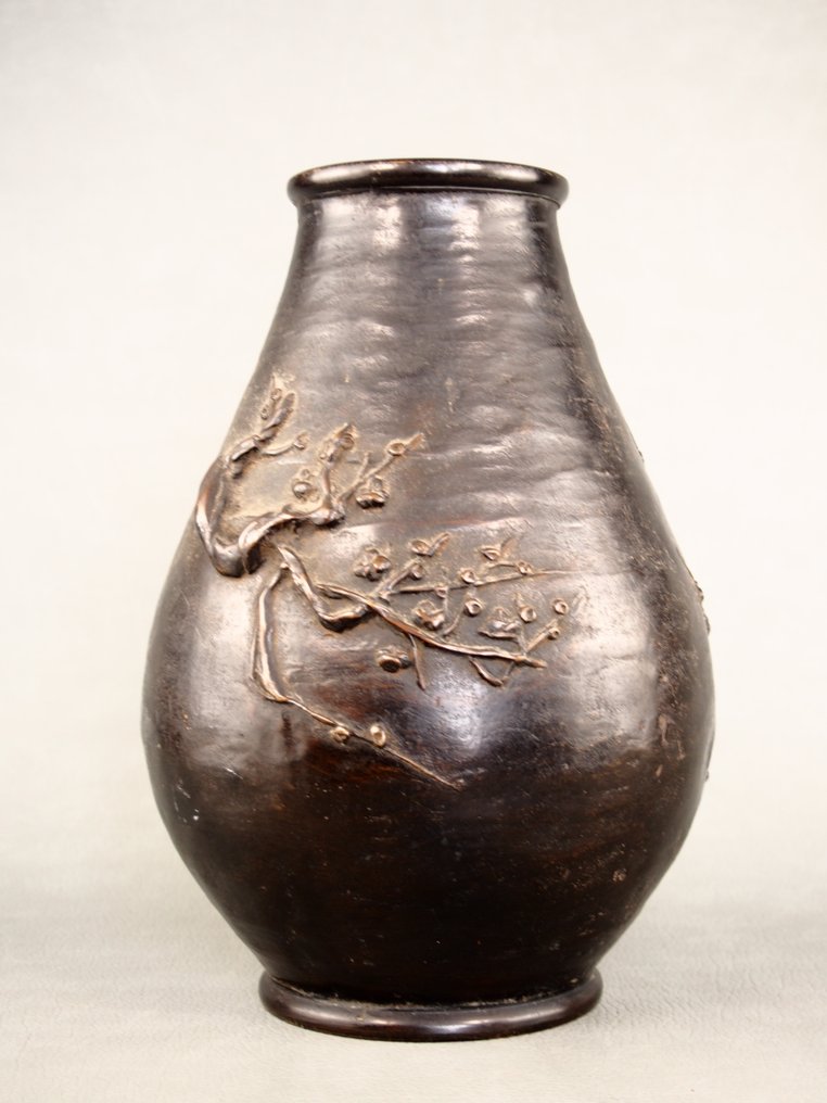 花瓶 - 青銅色, 大约一百年前的梅花浮雕花瓶 - 日本 #4.3