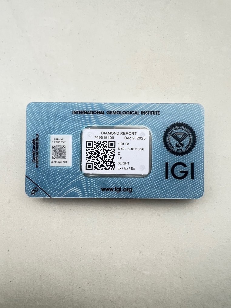 没有保留价 - 1 pcs 钻石 (天然) - 1.01 ct - 圆形 - D (无色) - IF - 国际宝石研究院(IGI) #2.1