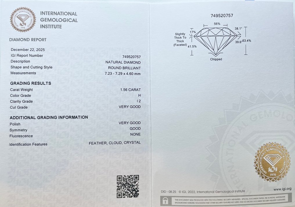 没有保留价 - 1 pcs 钻石 (天然) - 1.56 ct - 圆形 - H - I2 内含二级 - 国际宝石研究院(IGI) #2.1