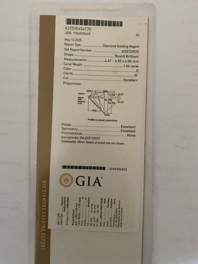 1 pcs 钻石 (天然) - 1.04 ct - 圆形 - D (无色) - IF - 美国宝石研究院(GIA) #1.0