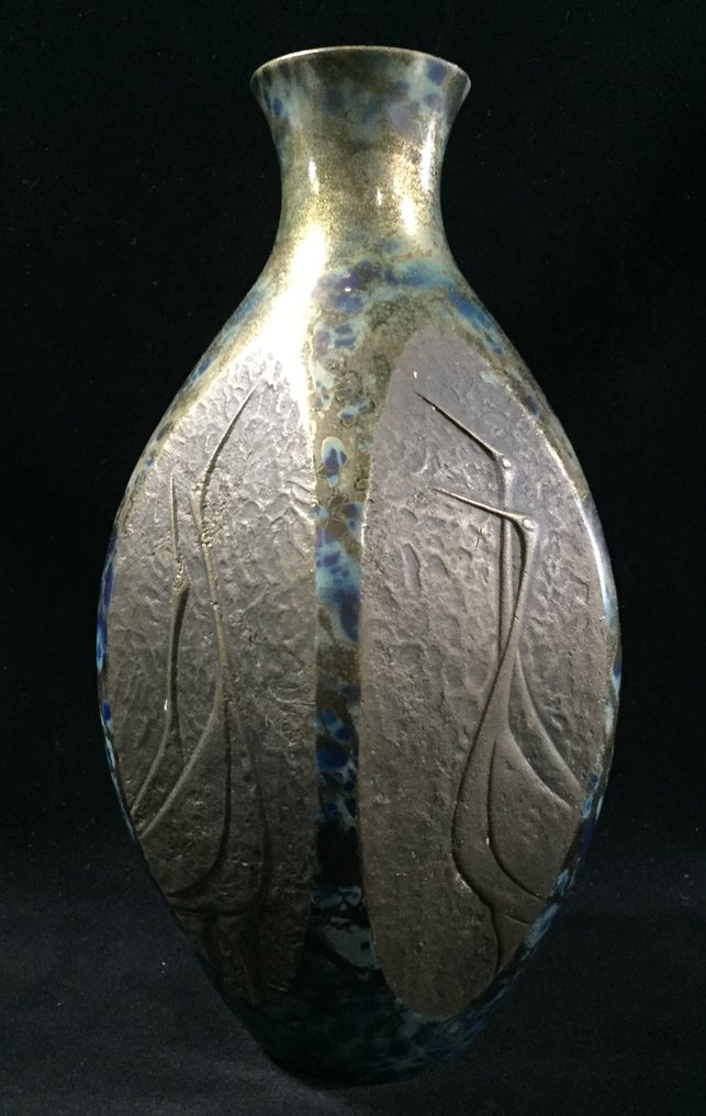 花瓶 - 青銅色, 签名 Katsumine / 立山铜器 / 日本复古花瓶（高：26厘米） / 鹤 - 日本  (沒有保留價) #1.0