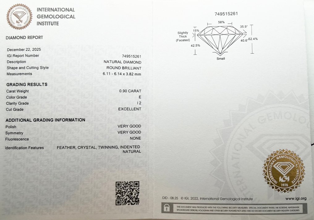没有保留价 - 1 pcs 钻石  (天然)  - 0.90 ct - 圆形 - E - I2 内含二级 - 国际宝石研究院（IGI） #2.1