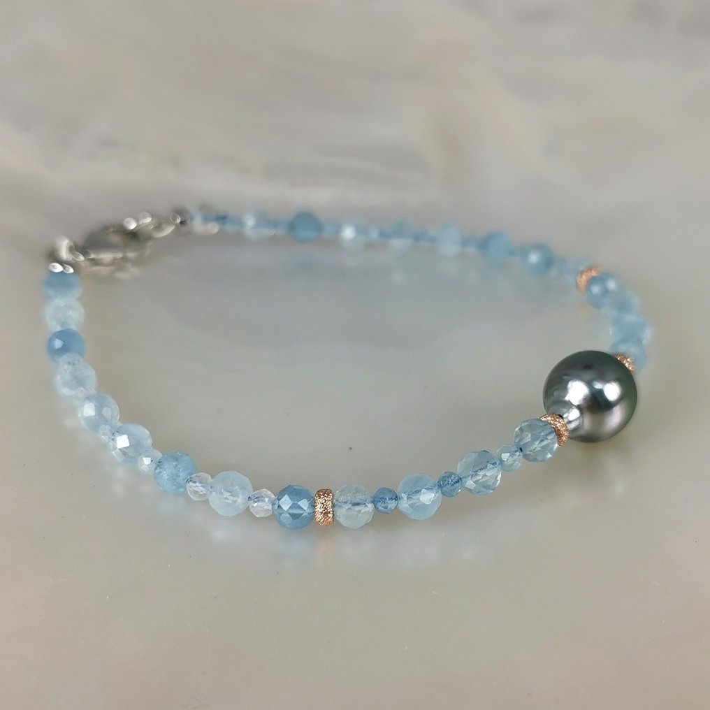 没有保留价 - 手镯 银 珍珠 - 海蓝宝石 - 塔希提孔雀 Ø8,9x10毫米 #3.2