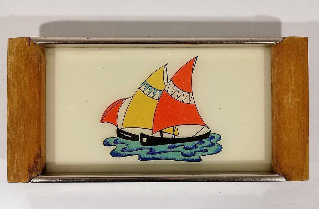 Δίσκος (2) - Vintage Design δεκαετίας του 1940 - Ξύλο, χρωμίου χάλυβας, γυαλί διακοσμητικού πάνελ. #2.1