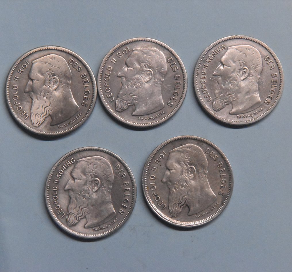 比利時. 利奧波德二世. 2 Francs 1904 en 1909 ( 5 Verschillende = Totale reeks )) (沒有保留價) #1.0