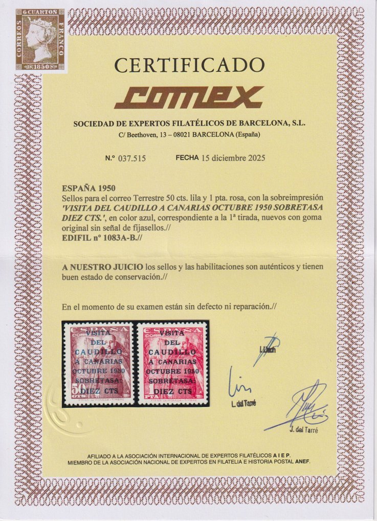 Spain 1950 - Canaries Mail 1st edition - with Comex certificate - Edifil 1083A/B #2.1