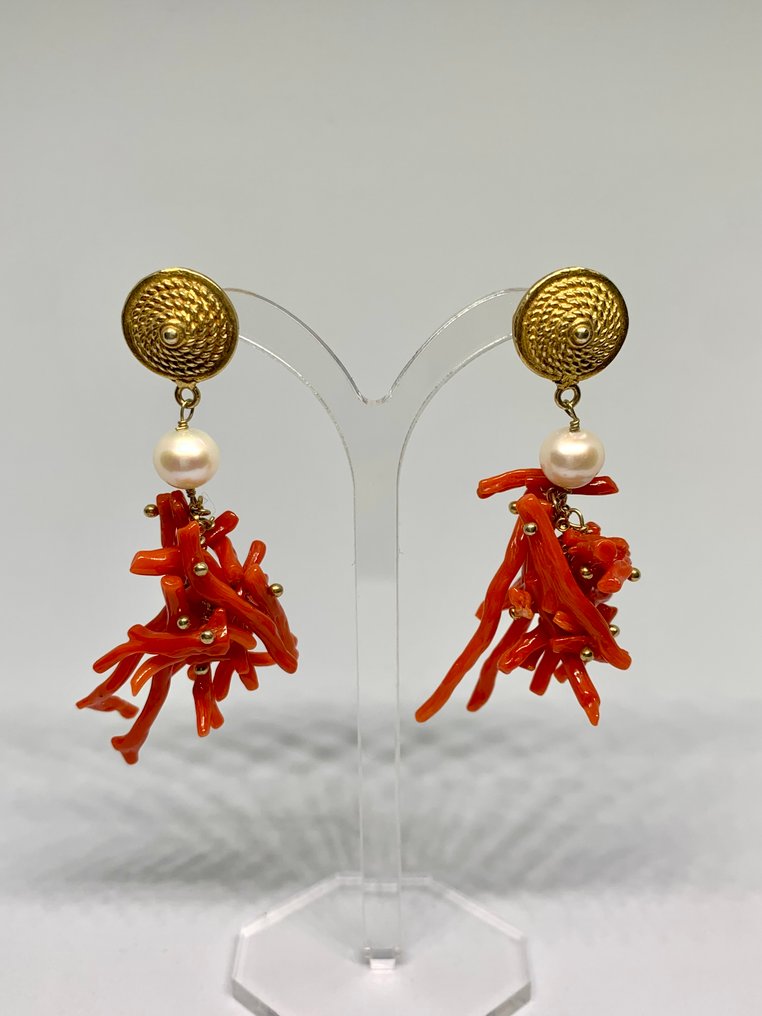 紅珊瑚 - 銀 - 耳環 - 珊瑚与珍珠 #1.0